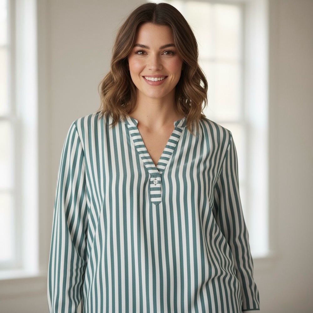 Striped Rayon Tunic Top 1X Button Back V-Neck Green White Boho Blouse
